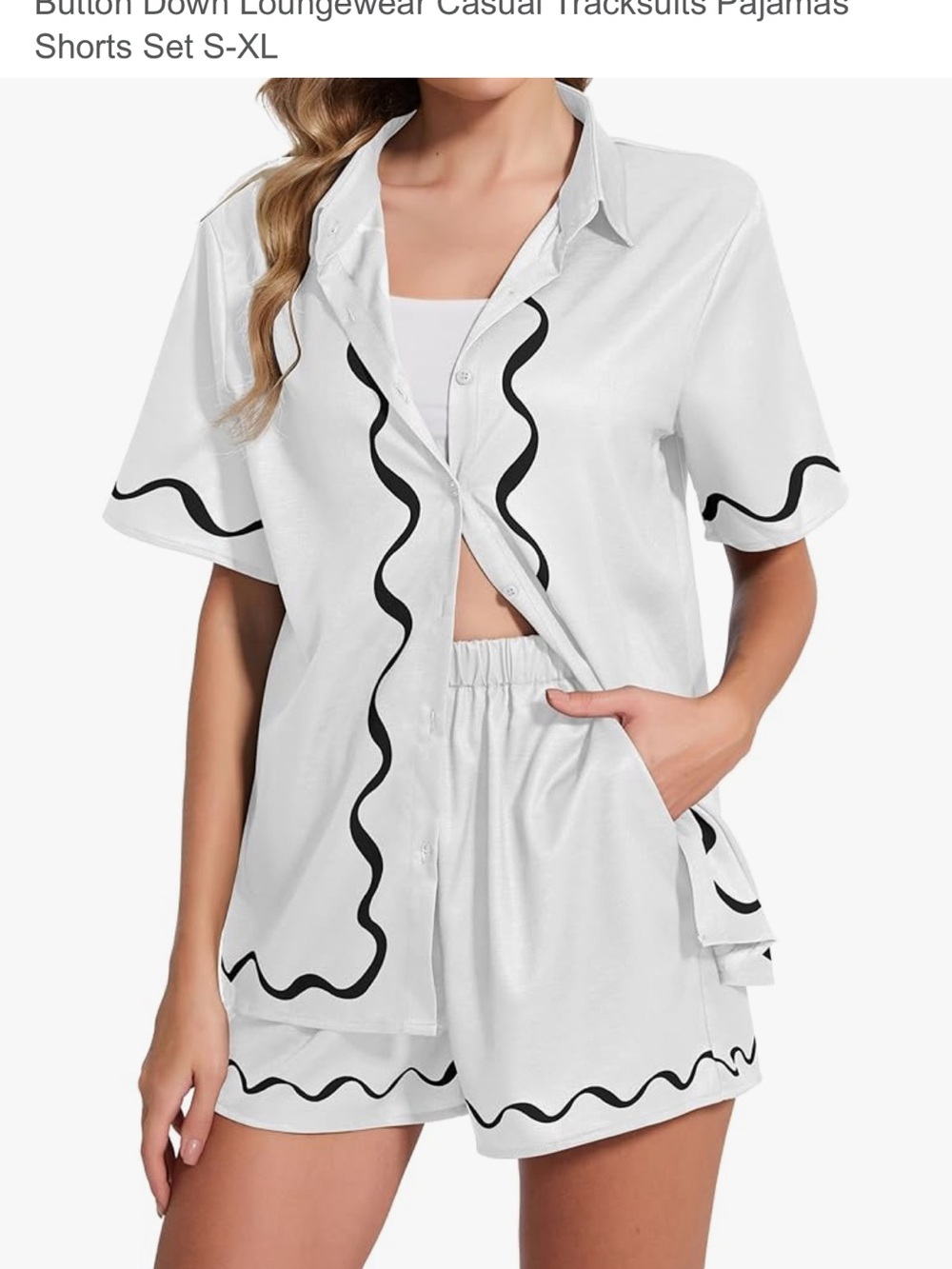 White Button-Down Summer Lounge Short Set with Black Wavy Trim, size Large